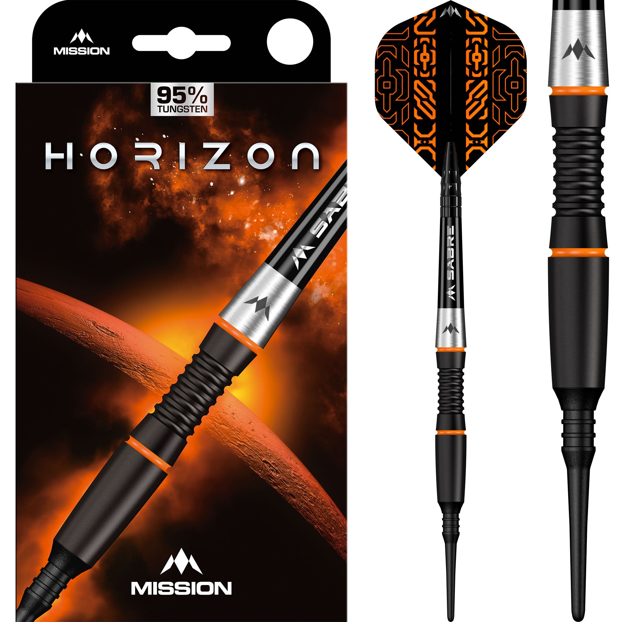 mission-darts-horizon-soft-tip-95-tungst-ne-black-pvd-orange-centre-weighted image 1