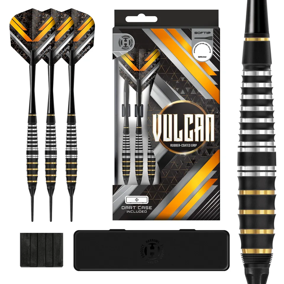 harrows-vulcan-fl-chettes-soft-tip-rev-tement-caoutchouc-noir-or image 1