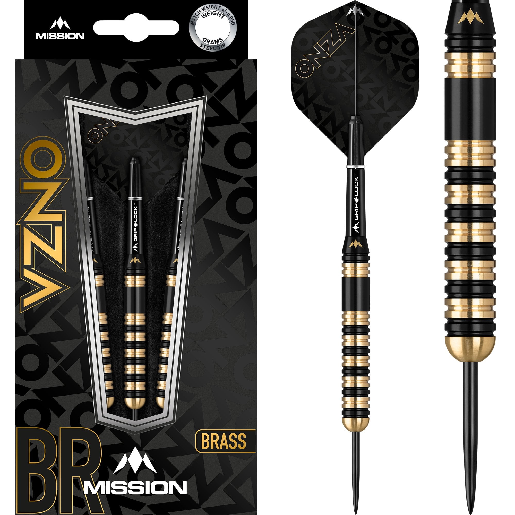 mission-darts-onza-m3-fl-chettes-pointe-acier-laiton-23g-noir-et-or image 1