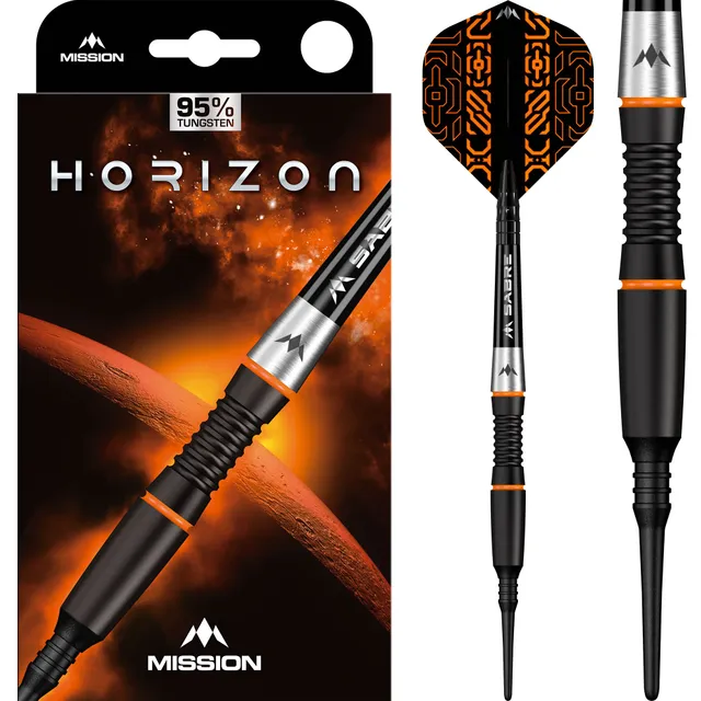 mission-darts-horizon-soft-tip-95-tungst-ne-black-pvd-orange-centre-weighted image 1